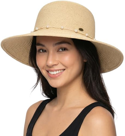 Funky Junque Wide Brim Panama Sun Hat, Womens Packable Straw - color: Pearl Trim - Natural Multi