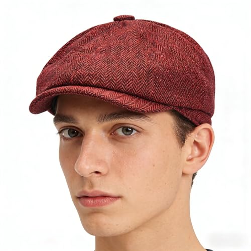 Gatsby Newsboy Hat Men Women Classic Herringbone 8 Panel Trendy Tweeb Flat Cap - color: Burgundy