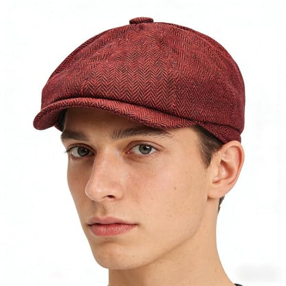 Gatsby Newsboy Hat Men Women Classic Herringbone 8 Panel Trendy Tweeb Flat Cap - color: Burgundy