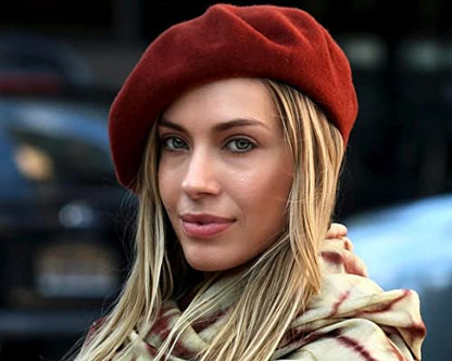 Women French Wool Beret Hats - Solid Color Classic Beanie Winter Cap - color: Thicker-caramel
