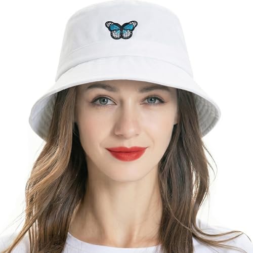 ZLYC Cotton Bucket Hat for Women Men Embroidered Packable Summer Sun Cap - color: White
