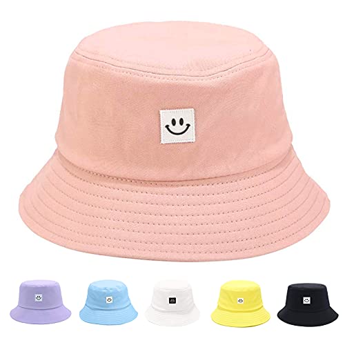 Kids Sun Hat Smile Face Bucket Hat for Girls Boys Summer Sun Protection Cotton Unisex Beach Cap - color: Pink