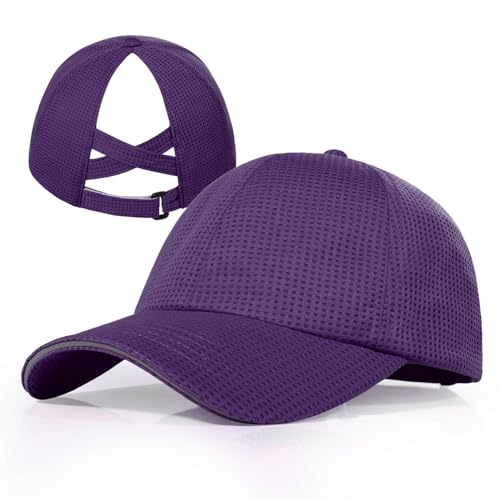 ZTL Womens High Ponytail Baseball Cap Performance Mesh Hat, Lightweight Quick Dry Race Day Running Hat with Reflective Trim - color: Purple