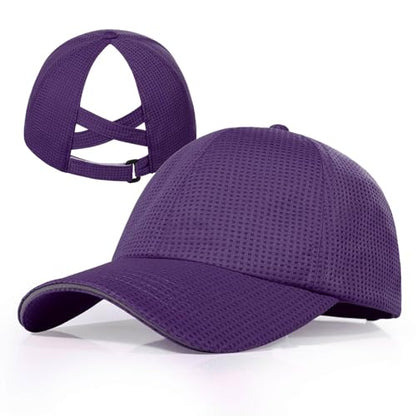 ZTL Womens High Ponytail Baseball Cap Performance Mesh Hat, Lightweight Quick Dry Race Day Running Hat with Reflective Trim - color: Purple