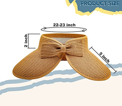 Straw Sun Visor for Women, Wide Brim UPF 50+ Protection Beach Hat, Adjustable, Roll Up Foldable Ponytail Cap with Chin Strap - color: Khaki