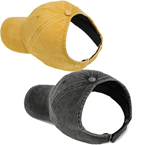 2 Pack Backless Cap for Women Natural Curly Hair Hat Baseball Cap Afro Puff Ponytail Hat - color: Black+yellow