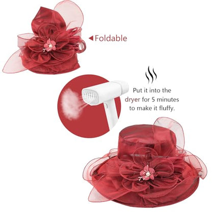 AQOKKA Women Organza Church Fascinators Kentucky Derby Hats for Women and Girls Wedding Flower Tea Party Hat with Wide Brim - color: Simulated Flower : Burgundy