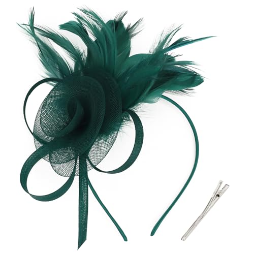 AMCAMI Fascinators Hats with Feather for Women 2026 Derby Hats Small Tea Party Hat with Headband - color: Dark Green