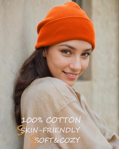 100% Cotton Beanie Lengthen Cuffed Beanies Knit Winter Hats Unisex - color: 1-orange