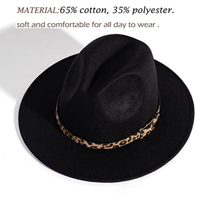 Women's Wide Brim Felt Fedora Panama Hat with Leopard - color: Y-black & Leopard
