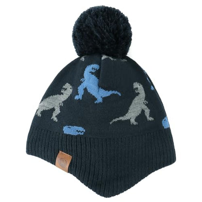 Duoyeree Kids Beanie Dinosaur Pom Pom Knit Winter Hat Fleece Lined for 1-7T - color: Dinosaur, Navy, size: 2-4T