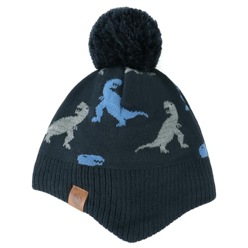 Duoyeree Kids Beanie Dinosaur Pom Pom Knit Winter Hat Fleece Lined for 1-7T - color: Dinosaur Hat and Scarf Set, Navy, size: 4-7 Years