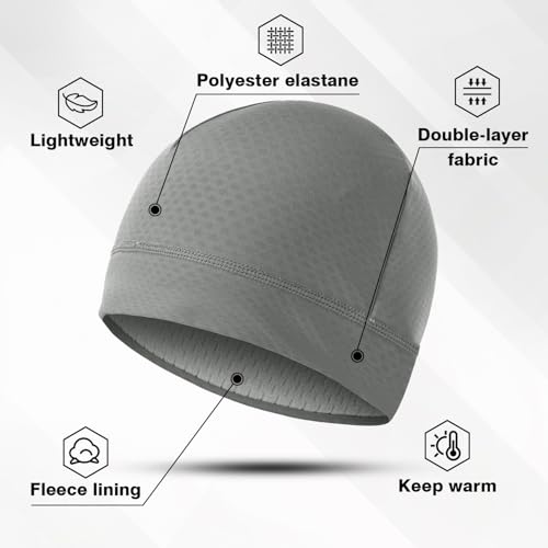 2 Pack Thermal Skull Caps for Men Women Wind-Resistant Fleece Beanie Hats Cold Weather Helmet Liners for Cycling - color: Black+gery