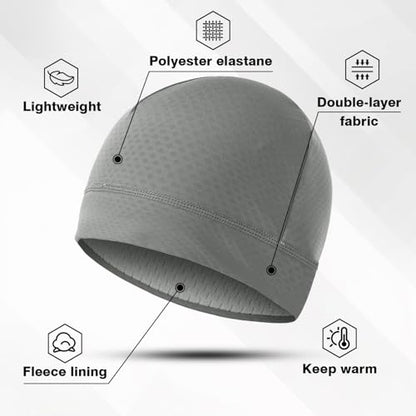 2 Pack Thermal Skull Caps for Men Women Wind-Resistant Fleece Beanie Hats Cold Weather Helmet Liners for Cycling - color: Black+gery