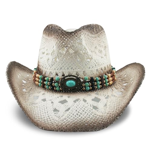 Foeran Men's Women's Straw Cowboy Hat Cowgirl Woven Sun Hat Western Cowboy Hat Two Decorative Bands - color: White-turquoise