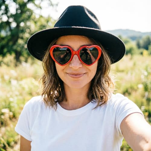 DRESHOW Women Classic Felt Fedora Wide Brim Floppy with Belt Buckle Panama Hat - color: 01 Set: Felt Fedora Black + Heart Eyeglasses + Eyeglass Case