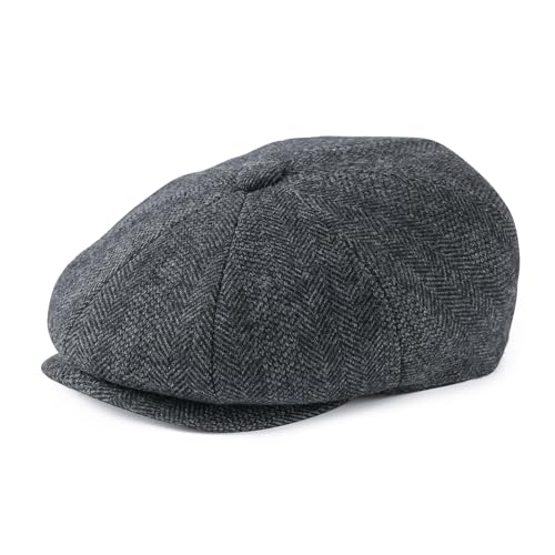Men Wool Blend 8 Panel Newsboy Cap - color: Tweed Herringbone Grey, size: 7 5/8