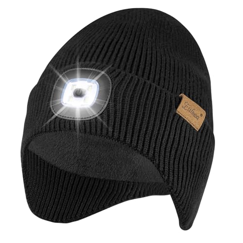 Etsfmoa Hat with Light,Fleece Lined Beanie with Earflaps,Gifts for Men Dad - color: Black