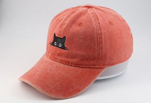 Peeking Black Cat Embroidered Washed Baseball Cap, Adjustable Vintage Dad Hat for Cat Lovers Unisex - color: Orange
