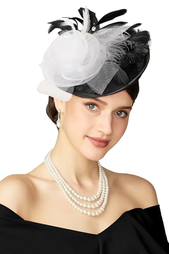 BABEYOND Fascinators Hats for Women Tea Party Mesh Flower Pillbox Derby Hat - color: Black White