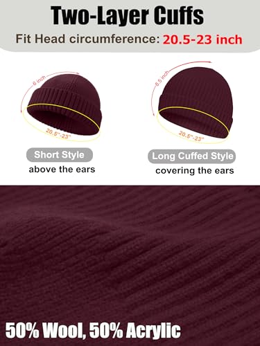 Wool Short Fisherman Beanie for Men Women Double Cuffed Skull Caps - color: 1pcs-wine Red