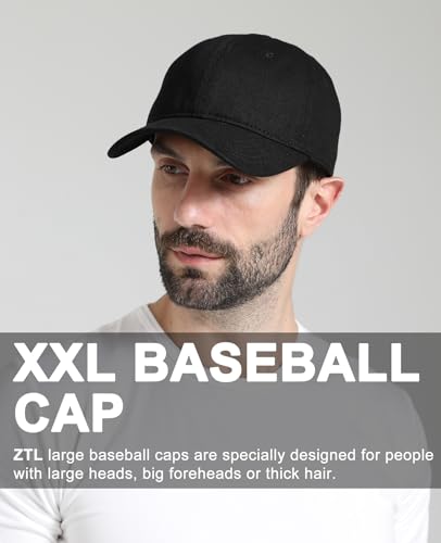Oversize XL XXL Baseball Cap for Men Big Heads, Large Cotton Baseball Hat, Unstructured Plain Dad Cap Adjustable 23.5"-26" - color: Black