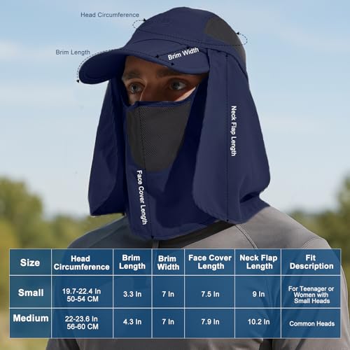 Surblue Baseball Sun Cap with Removable Neck Flap and Face Mask UPF 50+ - color: Deep Blue, size: Small