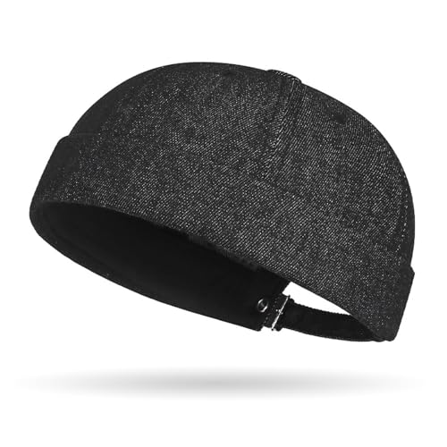 Denim Brimless Hats for Women Men Docker Style Cap Vintage Sailor Beanie Hat - color: Black