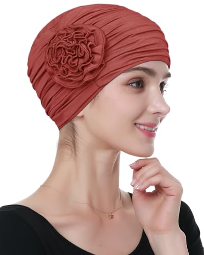 Alnorm Flower Design Chemo Hair Loss Caps Cancer Headwear for Women - color: Dusty Orange-red