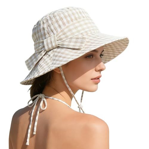 Women's Summer Plaid Sun Hat 100% Cotton Beach UV Protection Fishing Hat - color: Beige