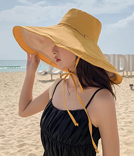 HUAMULAN Women Summer Vacation Wide Brim Sun Hat Reversible Fishing Hats - color: Yellowbeige