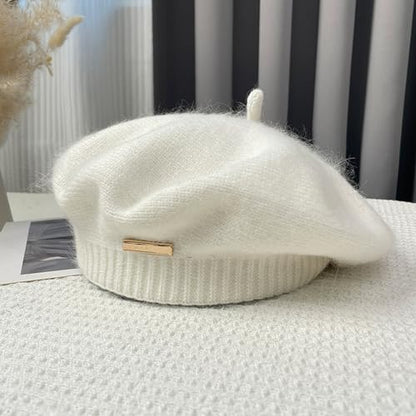Yanmucy Beret Hat Women Girl, Fluffy Knitted French Beret Warm Classic Beanie Hats Cap for Ladies Men Winter Autumn - color: White