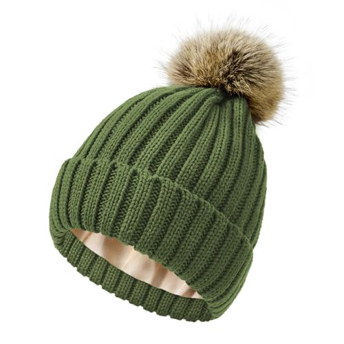 Satin Lined Beanie for Women Knit Winter Hats Silk Lined Womens Beanie with Detachable Pom Pom - color: Olive Green