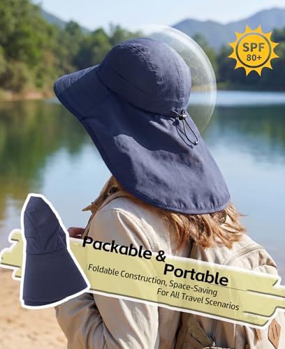 Home Prefer UPF 80+ Sun Hat for Men Women Wide Brim Sun Hat with Neck Flap Summer Beach UV Protection Gardening Fishing Hat - color: Navy Blue