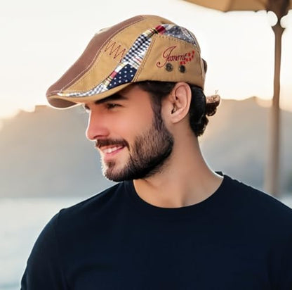 Cabbie Hats for Men Summer,Cotton Beret Newsboy Hat Ivy Gatsby Adjustable Flat Cap Beret for Driving - color: Cotton -Khaki B