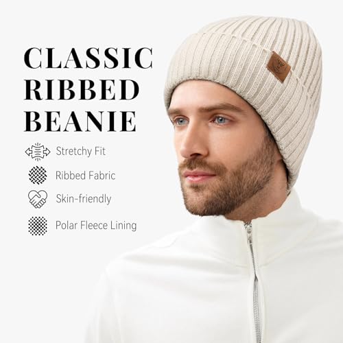 OZERO Winter Beanie for Men Women,Thermal Knit Soft Fleece Lined Hats - color: Beige