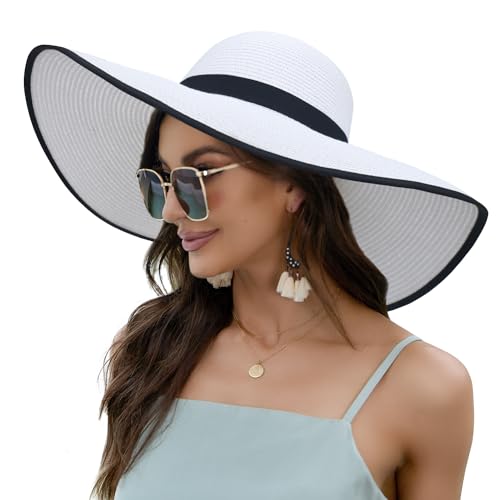 Women Wide Brim Sun Hat UPF50 Straw Summer Hat Floppy Beach Hat Roll-Up - color: White