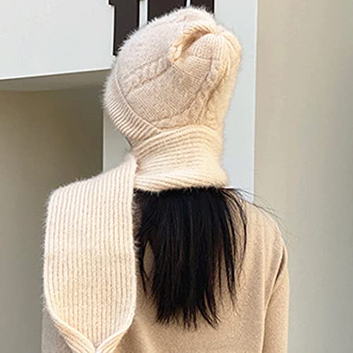 Winter Warm Elastic Soft Ear Protection Knitted Scarf Hat Fleece Lined Beanie Hat - color: H01-beige