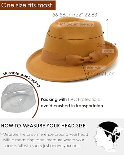 Fedora Hats for Men Women 1920s Short Brim Felt Trilby Hat - color: Camel