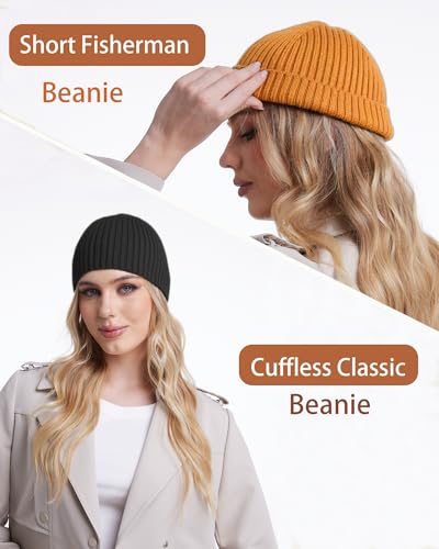 Wool Knit Beanie Hats for Men Women,Cuffless Winter Skull Caps - color: 1-black
