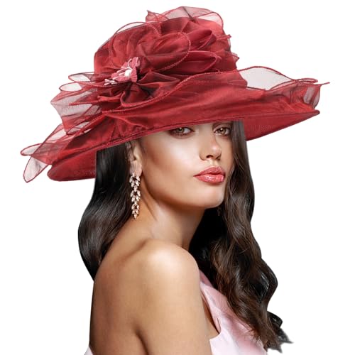 AQOKKA Women Organza Church Fascinators Kentucky Derby Hats for Women and Girls Wedding Flower Tea Party Hat with Wide Brim - color: Simulated Flower : Burgundy