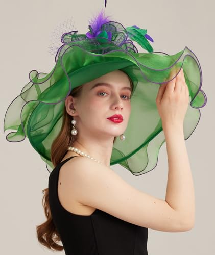 Women Derby Church Hat Organza Flower Wedding Tea Party Fascinator Wide Brim Sun Hat - color: 11-dark Green