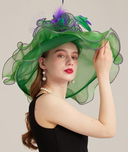 Women Derby Church Hat Organza Flower Wedding Tea Party Fascinator Wide Brim Sun Hat - color: 11-dark Green