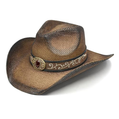 FLUFFY SENSE. Cowboy Hats for Women and Men - Distressed Straw Western Hat with Shapeable Brim for Cowboys and Cowgirls - color: Ombre Brown