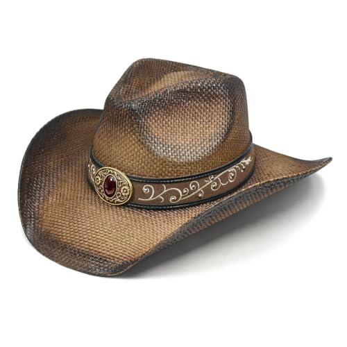FLUFFY SENSE. Cowboy Hats for Women and Men - Distressed Straw Western Hat with Shapeable Brim for Cowboys and Cowgirls - color: Ombre Brown