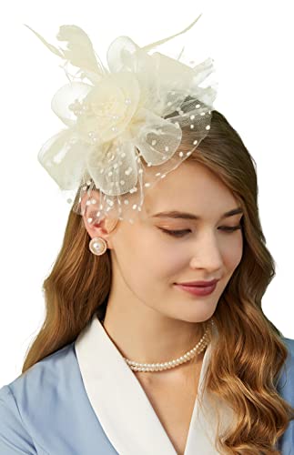 Fascinators Hat for Women Tea Party Headband Kentucky Derby Wedding Flower Cocktail Mesh Feathers Hair Clip - color: 1-beige