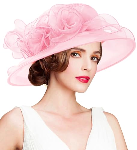 Women's Kentucky Derby Church Dress Hat Wide Brim Leaf Flower Bridal Shower Hat - color: A7 Pink
