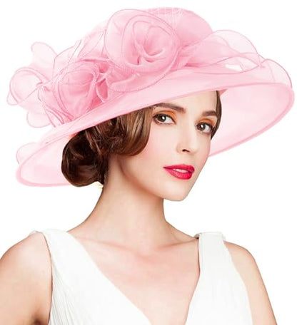 Women's Kentucky Derby Church Dress Hat Wide Brim Leaf Flower Bridal Shower Hat - color: A7 Pink