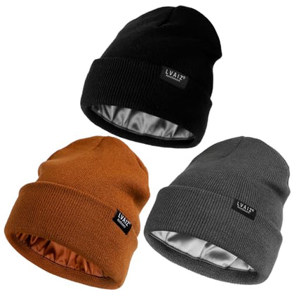 3 Pack Satin Lined Beanies for Men and Women Silk Warm Cuffed Winter Hats - color: Black+brown+dark Grey