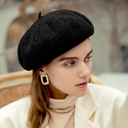Women Beret Classic French Hat - Elegent Black Wool Beret for Party Romantic French Themed Fancy Dress(Size:S/M) - color: Black